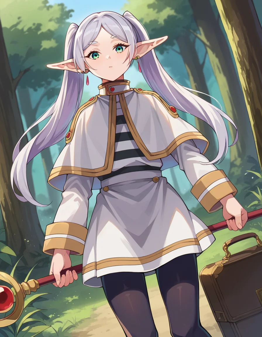 score_9, score_8_up, score_7_up, source_anime,
frieren, <lora:frieren-ponyxl-lora-nochekaiser:1>,
frieren, long hair, twintails, green eyes, grey hair, pointy ears, elf,
shirt, long sleeves, jewelry, pantyhose, earrings, striped, black pantyhose, capelet, striped shirt, skirt, white skirt,
outdoors, forest, nature, staff, holding staff, briefcase,
looking at viewer, cowboy shot, dutch angle,