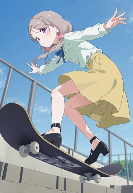 masterpiece, best quality, amazing quality, 

monosakurako-default, purple eyes, grey hair, low twintails, pink scrunchie, (school uniform, blue ribbon, white shirt, long sleeves, blue vest, pleated skirt, black socks, loafers:0), 

outdoors, (blue sky:1.4), (railing, stair:0.8), 

1girl, green shirt, dress shirt, yellow skirt, medium skirt, black footwear, low block heels, ankle strap, full body, from below, from side, dutch angle, jumping, midair, (skateboarding, skateboard:0.6), looking at viewer, outstretched arms