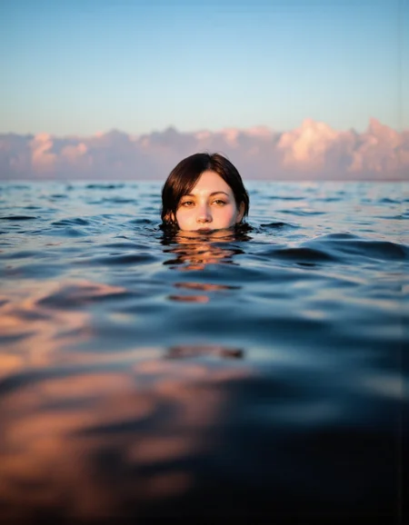 By Ibai Acevedo. A photorealistic low angle shot of a person submerged in water with only half of their head above the surface of the water. The image also shows a woman in the middle of the image, looking directly at the viewer with her brown eyes. She has short black hair and appears to be in her early twenties. The woman is partially submerged in the water up to eye level, her nose and mouth are not visible, and the part of her face that is above the surface is reflected in the water. The background is a gradient of blue and pink hues, with soft clouds in the distance. The overall mood is peaceful and contemplative, with the woman's expression and soft lighting creating a sense of depth and dimensionality.