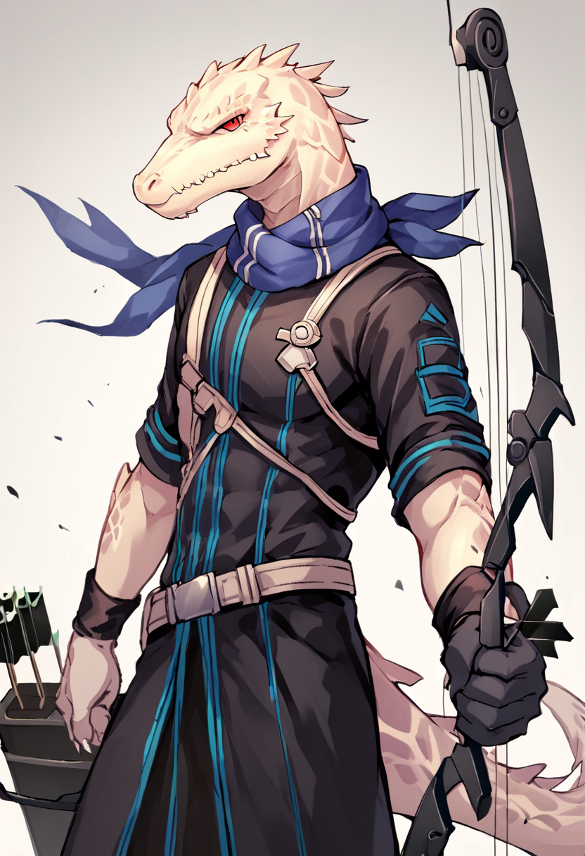 <lora:RangerArkKPony1.0:1>rangers, 1boy, white scales, scalie, uniform, male focus, solo, blue scarf, red eyes, single glove, belt, wristband, tail, bow \(weapon\), holding bow \(weapon\), arrow \(projectile\) score_9, score_8_up, score_7_up, score_6_up, score_5_up, score_4_up,