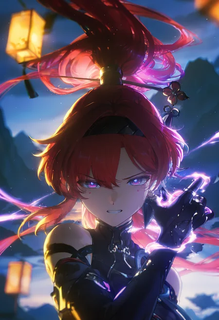 masterpiece,best quality,amazing quality,very aesthetic,absurdres,newest,scenery,
1girl, yinlinx, echoset1 outfit, purple eyes,long hair, ponytail, red hair, circle facial mark, hairband, upper body, floating hair, colorful theme, light frown, looking at viewer, clenched teeth, hand up, japanese lantern, portrait, dynamic pose, magical atmosphere, swirling energy, light waves, face highlights, sparkling particles,paper lantern,mountain, dynamic lighting, ambient light .
masterpiece,best quality,amazing quality,absurdres,
<lora:Yinlinx IL v22:0.8>