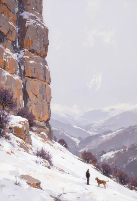 A snow-covered mountain dominates the view, its rocky face showing warm orange and brown hues contrasting with white snow. Patches of dark purple shrubs accent the base. The foreground is a snowy slope; a figure in dark clothing and a brown dog are on the right side, with visible paw prints on the snow. Distant mountains are soft and blurred. The overall palette is pale and desaturated, with white, warm earth tones, and purple contrast. A painterly style with simplified shapes and visible brushstrokes. Diffused, soft light creates gentle shadows. The composition is balanced, mountain on the left, figures on the right. A quiet, winter scene, evoking solitude and natural grandeur. Medium shot, slightly elevated view. The texture is soft and dreamlike. The feeling is peaceful and calm.