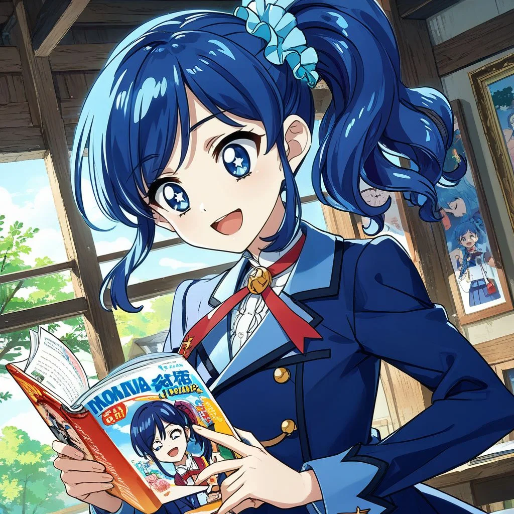 score_9, score_8_up,score_7_up,game cg,official art, uncensored, convenient censoring, covering privates,
rating_safe,
modeling, expressive hair, expressive clothes, dutch angle,wind
cross-shaped pupils, holding magazine, reading,laughing, looking down,
upper body,
kiriya aoi, blue hair, blue eyes, side ponytail, long hair,hair scrunchie, blue scrunchie, , <lora:aoinesan:0.8>,starlight academy school uniform,,blue jacket,white skirt