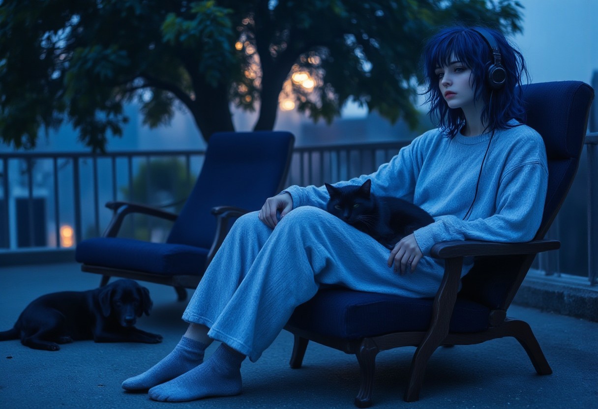 1girl, wearing headphone, sweater, pajama, socks,  sitting in resting chair, roof top, side view, a black cat sleeping in lap, a dog sleeping near chair, railing in background, blue moon, a tree near railing,  FictionalOpal, alternative girl with messy navy blue hair, DarkAtmosCE style, highres, realistic, fhd, widescreen, moonlight,