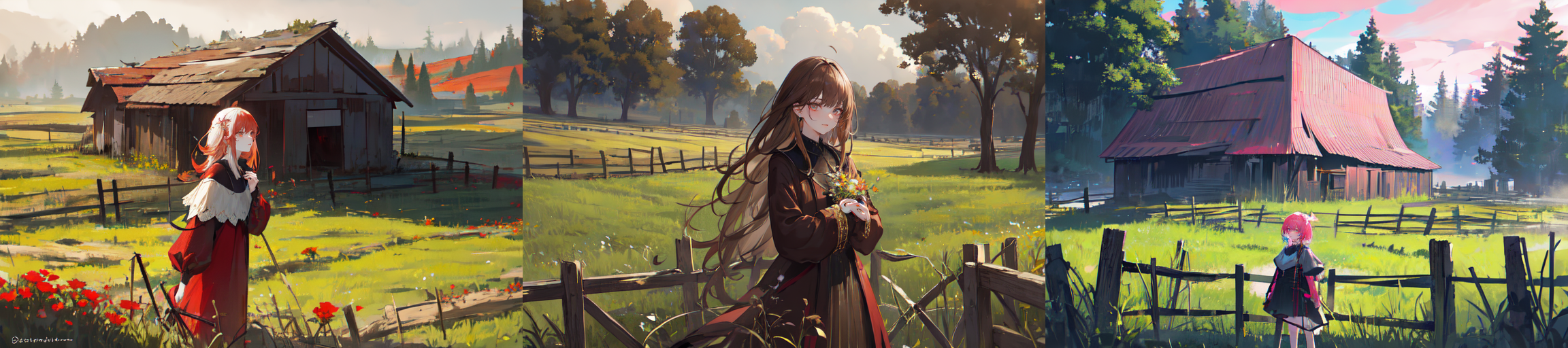 (otherworldly), highly insanely detailed, masterpiece, top quality, best quality, highres, 4k, 8k, RAW photo, (very aesthetic, beautiful and aesthetic), farm, fields, barn, fence, fantfa, <lora:FantasyFarm-10:0.6>, 
1girl, 
(__lazy-wildcards/char/haircolor__), 
(__lazy-wildcards/dataset/background-color__),âââ