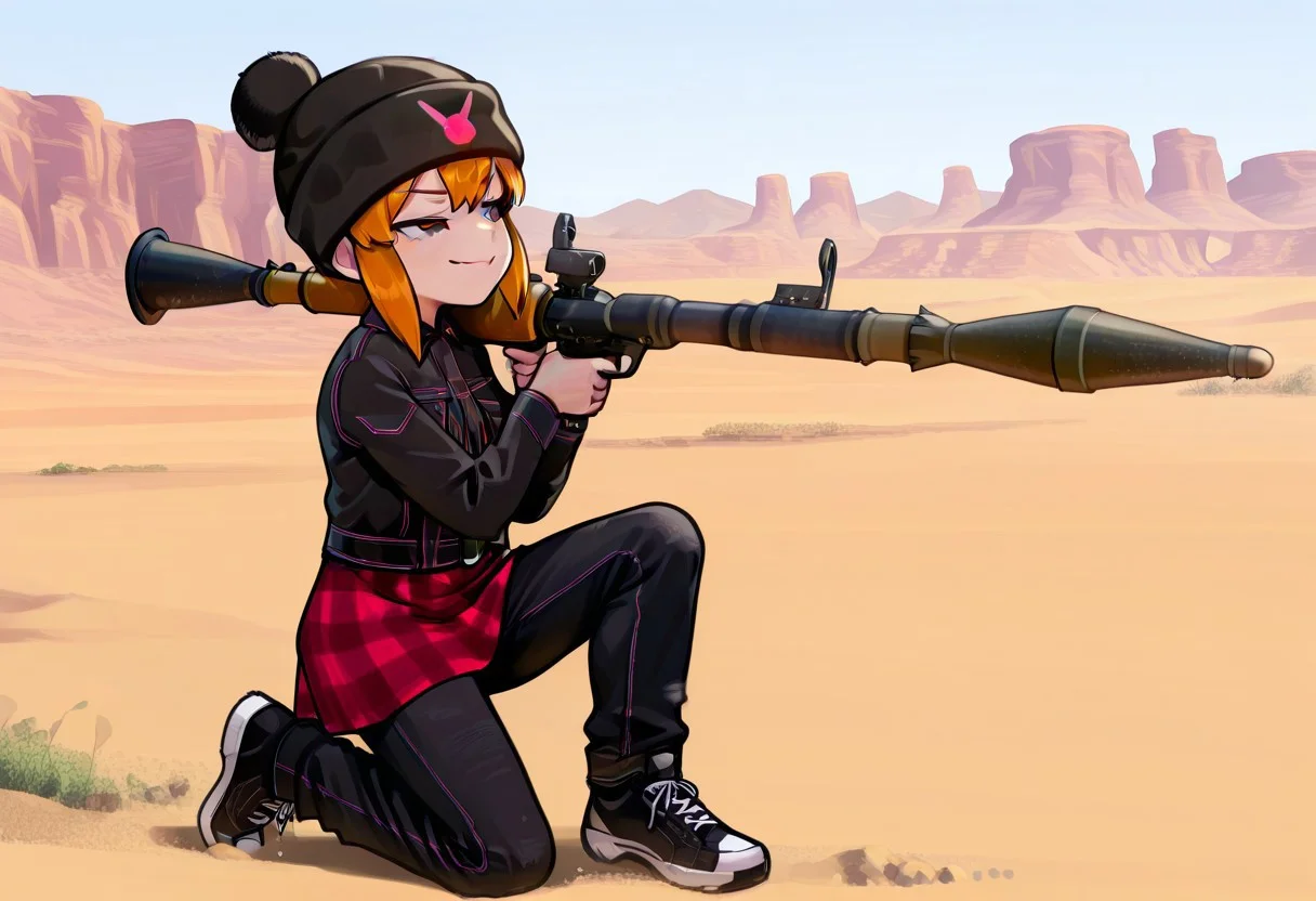 masterpiece, best quality, absurdres, 1girl, female focus, solo, usagi_kurokawa, brown eyes, beanie, black headwear, hat ornament, orange hair, bangs, short hair, sidelocks, short hair with long locks, denim jacket, black jacket, collared jacket, breast pocket, long sleeves, skirt, plaid skirt, pants under skirt, black jeans, jeans, sneakers, black footwear, kneeling, on one knee, outdoors, rpg_\(weapon\), shouldered, aiming, desert, canyon, smug, full body