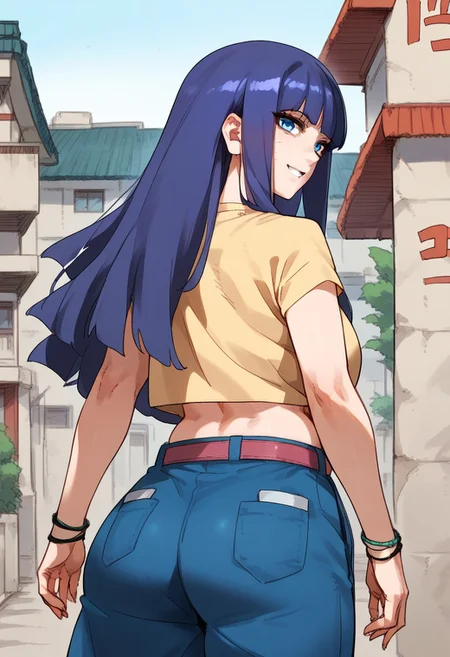 zPDXL3, score_9_up, score_8_up, score_7_up, (Anime_source), 1girl,(Mature female), HimawariUzumaki, blue eyes, purple hair, long hair, Himawari clothes, belt, midriff, (looking back), cowboy shot, looking at viewer, smile