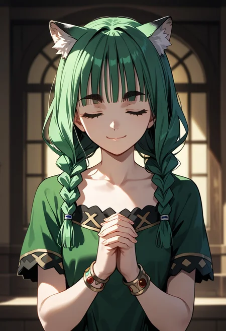 score_9,score_8_up,score_7_up,source_anime,Atla Fayon,1girl,solo,smile,dress,closed mouth,jewelry,collarbone,upper body,closed eyes,braid,short sleeves,bracelet,twin braids,animal ear fluff,thick eyebrows,own hands together,facing viewer,meme,green dress,