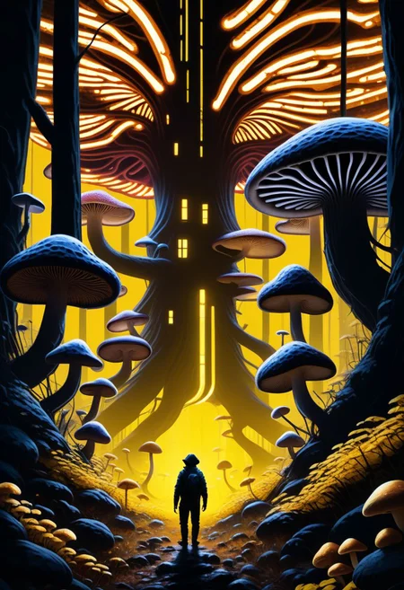 ((masterpiece, best quality)), high resolution, highly detailed, 32k picture,
scifi, perfect scifi, yellow glow, stripes, mushroom forest, 1boy, standing, weapon, male focus, outdoors, sky, from behind, tree, night, building, 1other, mushroom, ambiguous gender