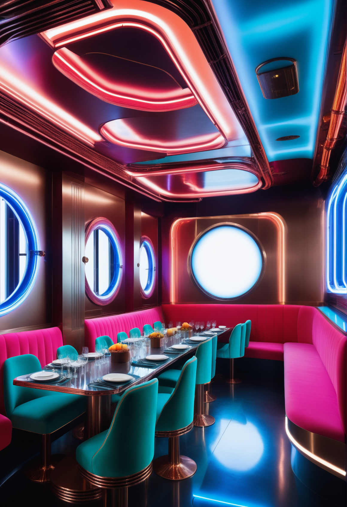 masterpiece, high quality,, a reij dining room, neon color and ambient neon light, rusty details <lora:reij-neonelegance:0.7>