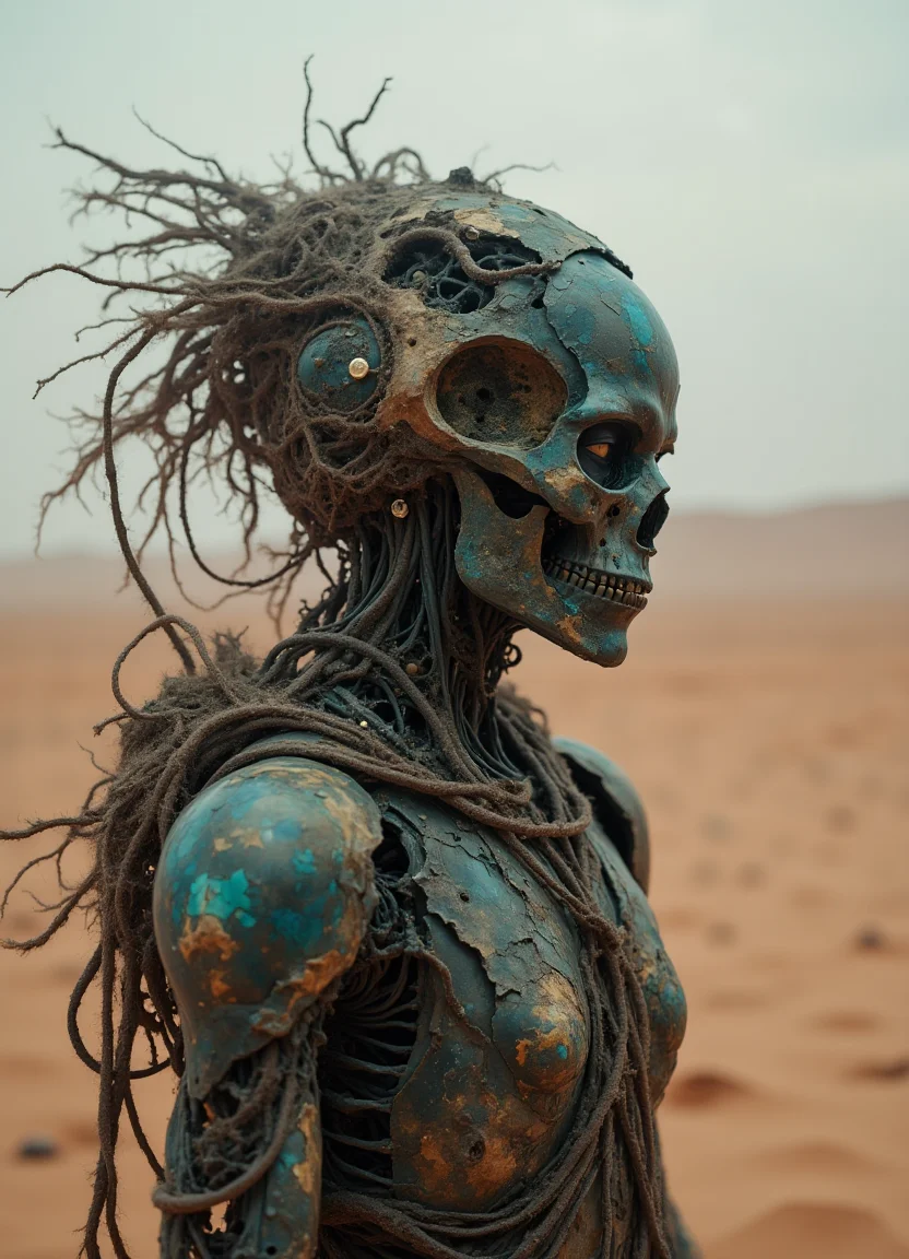 raw photography, grim cyborg in mars desert scenery, dreadlocks, cables, artistic and abstract, key visual, muted soft colors, no face, electronics, sinister atmosphere, samurai style, faceless hyperrealistic, ultradetailed, sinister atmosphere, dark light, robotic, biomorph, biopunk, nanopunk, cyberpunk elements, diffuse light, mysterious