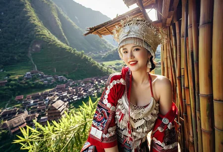 (21yo chinese cougar is living at home in her (red black sexy hmong cloth in a bamboo hut in thailand:1.2) , breathtaking view from a high vantage point overlooking a Hmong village nestled in a beautiful natural valley , (35mm, F/2.8) (insanely detailed and intricate, character, hypermaximalist, elegant, beautiful, revealing, appealing, attractive, amative , hyper realistic, super detailed, halo, reflections) smiling, (curvy body:1.2), toned body, pale skin , (lens Flare:1.3) , (god rays:1.2) , smiling at viewer (eye liner and lipstick) , body like gravure japan , (random camera angle , portrait : 1.4) , full and healthy figure , The clothing should enhance her silhouette , subtle hint of bare shoulder , halo ,