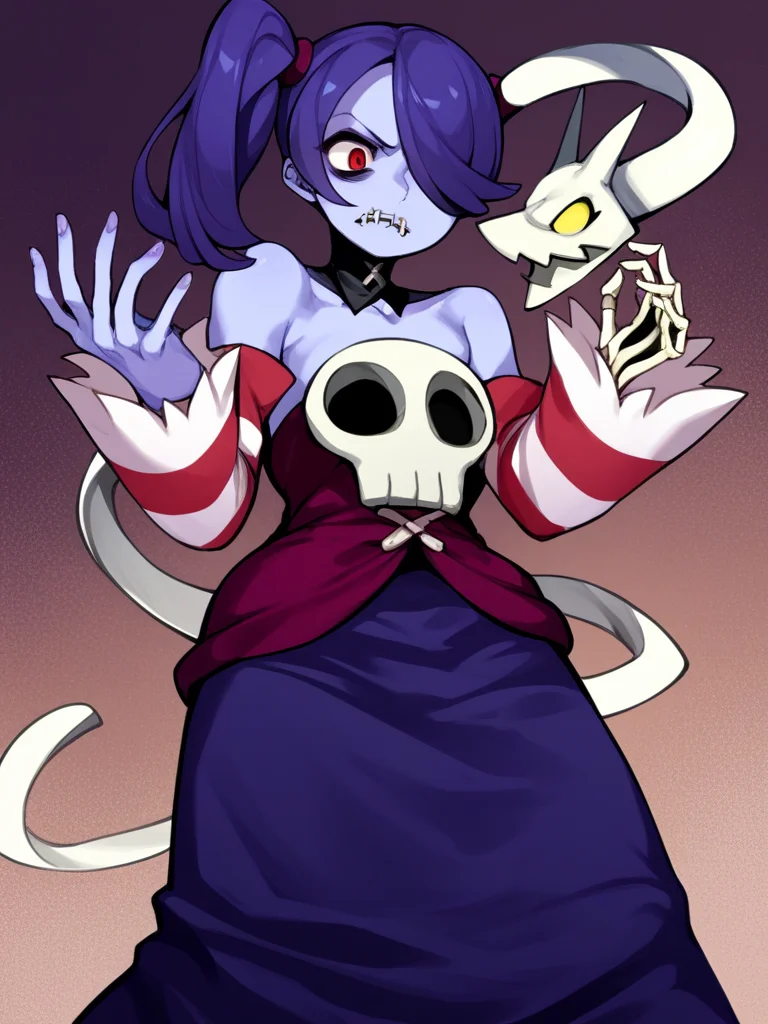 score_9, score_8_up, score_7_up, score_6_up, score_5_up, score_4_up, rating_explicit, 
BREAK
 squigly, 1girl, solo, long hair, skirt, bare shoulders, detached sleeves, striped, side ponytail, detached collar, skull, long skirt, fighting stance, blue skin, stitches, zombie, striped sleeves, stitched mouth