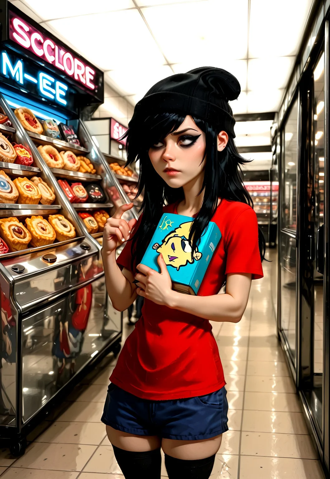 Masterpiece, absurdres, high quality, newest, highly detailed, semi-realistic, 1girl, solo, eddboi, sockhead, smooth black beanie, red shirt, blue shorts, thigh highs, emo haircut, detailed eyes, long asymmetrical bangs, sidelocks, long hair, black hair, holding a book, eyeliner, scene makeup, hairbow, scene, detailed background, shopping mall background