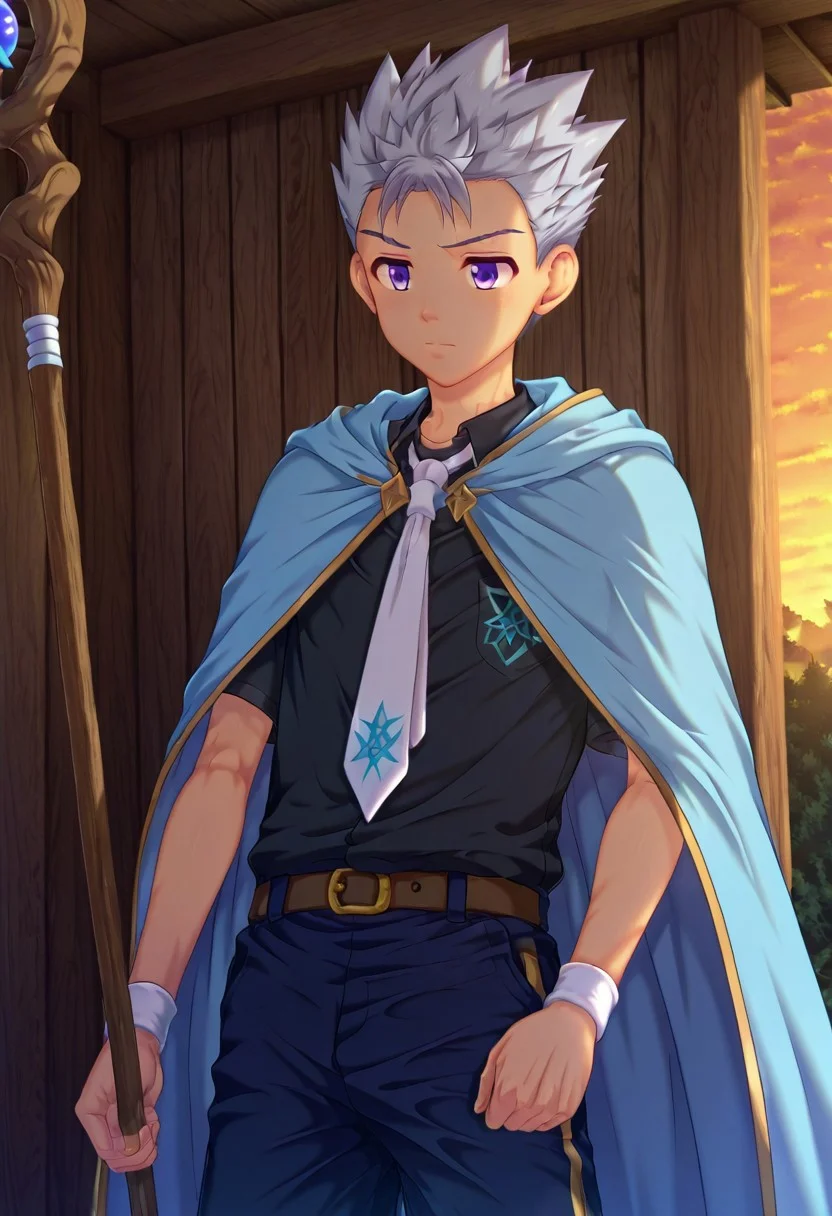 shizuki_takeyo, grey hair, light purple eyes, short hair, spiked hair, teen, young male, 1boy, solo, male focus, large blue wizard hat with white band, long blue cloak with jagged dark yellow trim, black shirt and white tie, tall wooden staff topped with a diamond, perfect hands, perfect eyes, highly detailed, cinematic style, dramatic lighting, detailed draw, detailed eyes, high quality, best quality, high definition