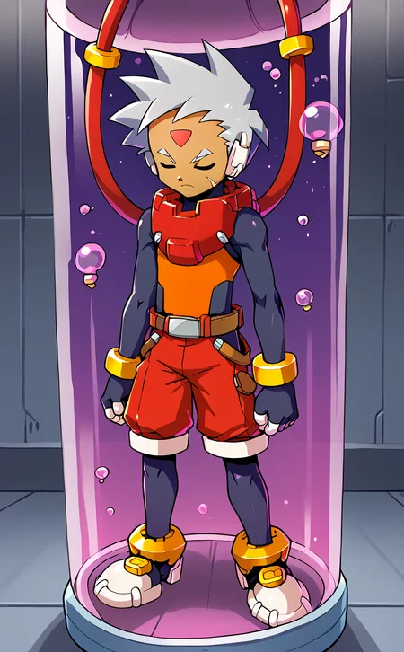 score_9,score_8_up,. score_7_up,score_6_up,score_5_up,score_4_up,source_anime BREAK <lora:vent_Grey:1>,2boys,grey \(mega man\),solo,closed eyes,1boy,male focus,gloves,shorts,cowboy shot,red shorts,grey hair,bodysuit,dark skin,forehead jewel,belt,(cable:0.8),robot ears,facial mark,fingerless gloves,shoes,bracelet,pantyhose under shorts,(pantyhose:0.6),dark-skinned male,shirt,orange shirt,<lora:Stasis Tank v6:1> BREAK stasis tank,floating,air bubble,in container,hanging,