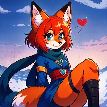 sfxm, anthro, female furry, fox, fox tail, fox ears, body fur, fluffy, paws, scarf, heart-shaped pendant, leg wrap, bandages, looking at viewer, cute style, dic style, super show, smbss style, vintage, cartoon
