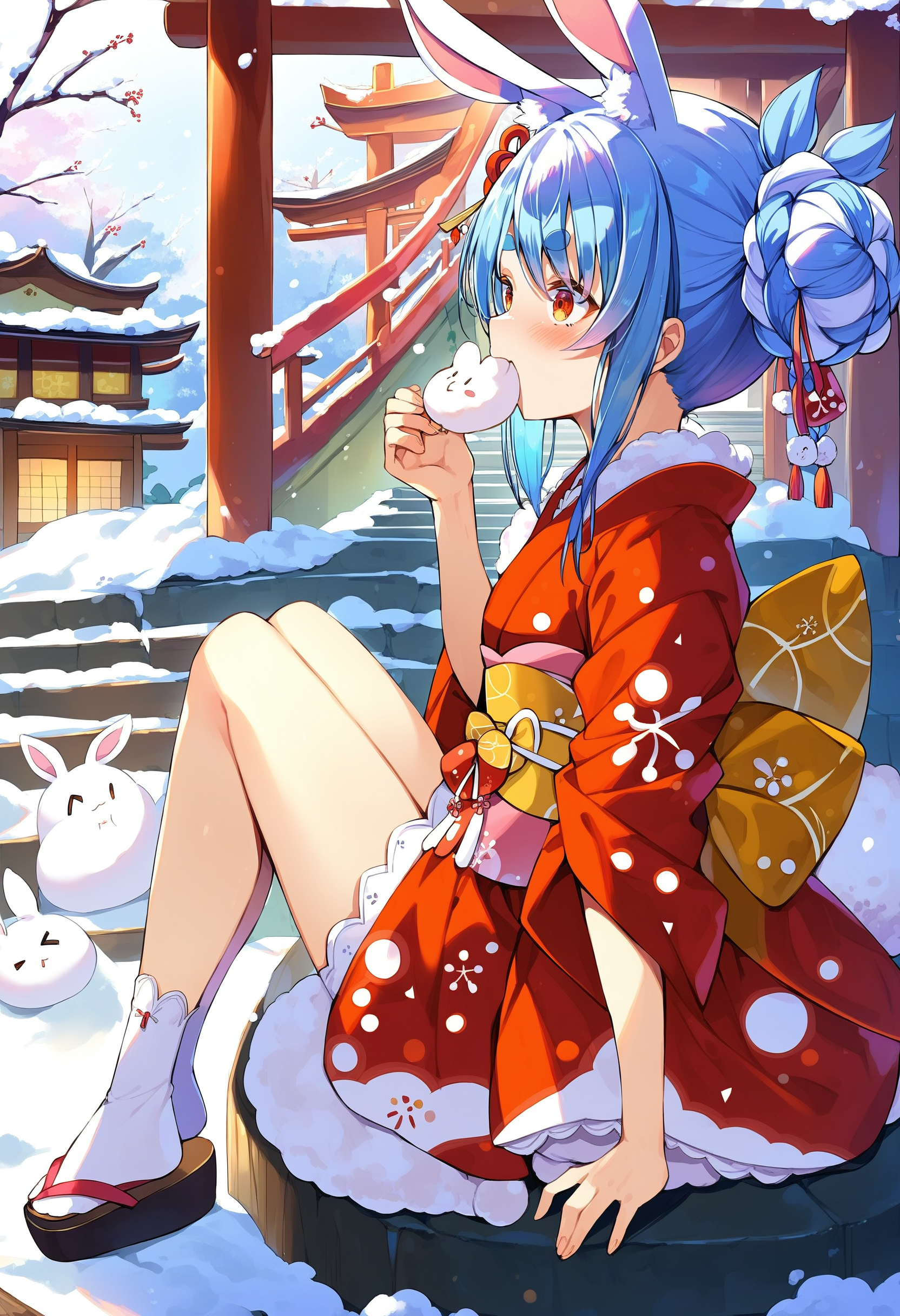 score_9, score_8_up, score_7_up, score_6_up, source anime,
usada pekora, rabbit girl, rabbit ears, animal ear fluff, rabbit tail, twin braids, thick eyebrows,
usada pekora newyear, official alternate costume, japanese clothes, red kimono, short kimono, sash, tasuki, obi, sidelocks, tabi, white socks, 
official alternate hairstyle, double bun, twin braids,
blush, full body, mochi, eating, food in mouth, ichigo daifuku,
east asian architecture, outdoors, snow, from side, sitting, stairs
<lora:usada_pekora_v1:1>