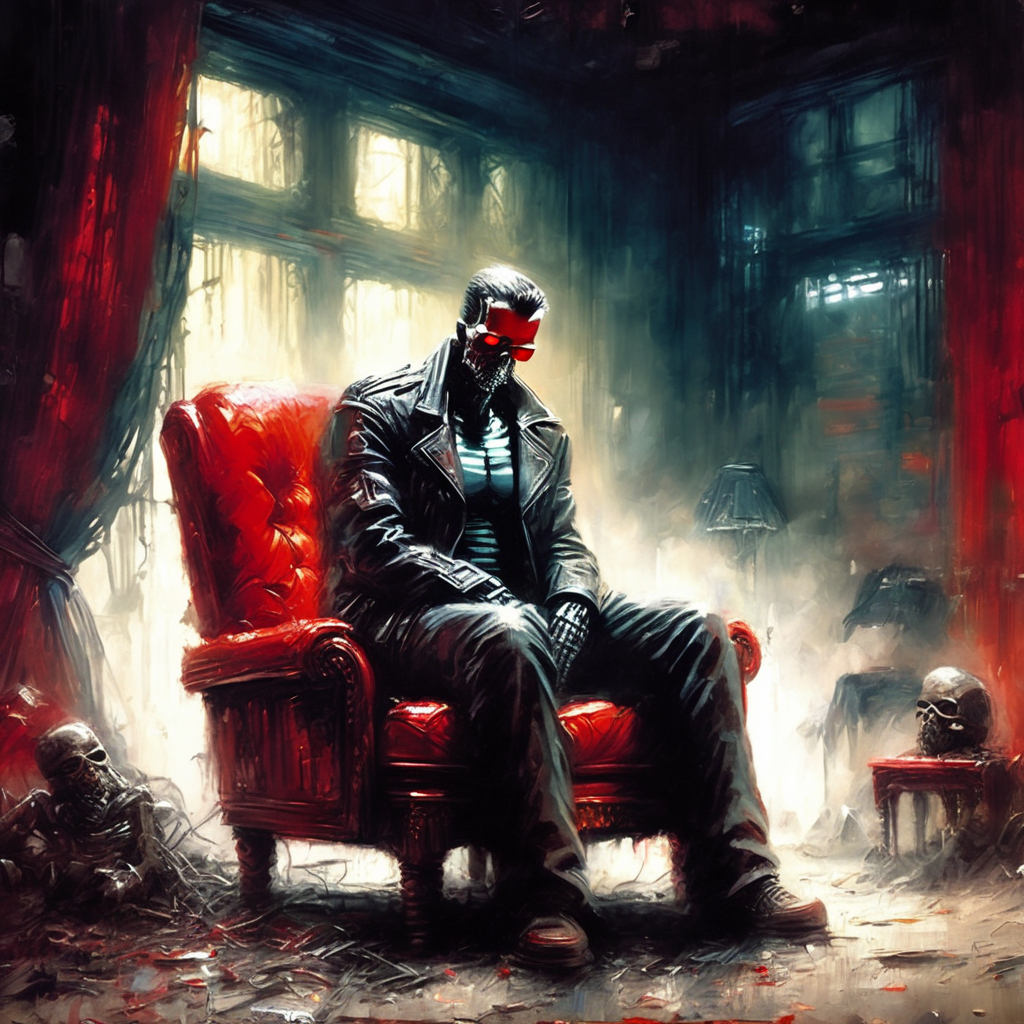 artmix05 am05 sad terminator on a big red chair in a dark room, very detailed  <lora:artmix05:1.4>