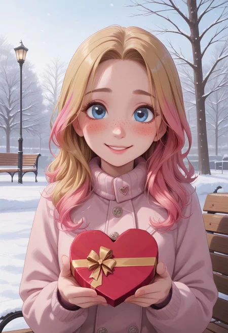 score_9, score_8_up, score_8, semi realistic, perfect detailed face, detailed fingers, perfect face, detailed eyes.
((1girl)), slim, small breasts, long hair, blonde hair dyed brown, pink ombre, pink inner hair, multicolored hair, blue eyes, freckles, dark makeup,
heart-shaped box, holding, box, gift, valentine,
pink winter coat,
blush, shy smile, shy,
park at winter, park bench, snowing,
upper body shot,