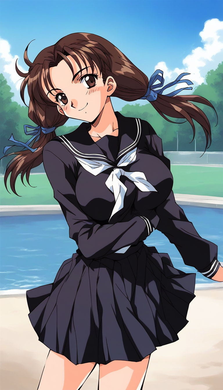 score_9, score_8_up, score_7_up, source_anime, rating_explicit, BREAK  <lora:Minegishi_Kyouko_XL:0.9> Minegishi_Kyouko, brown hair, brown eyes, large breasts, long hair, twintails, hair ribbon, blue ribbon,
 1girl, solo,  school uniform, black skirt, blush, black serafuku,  long sleeves,  smile, 
grassland, outdoor, day,
 1990s (style),