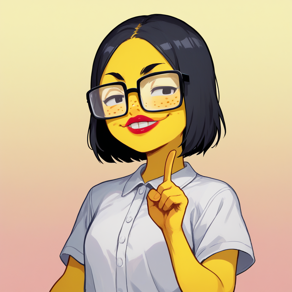 score_9_up, score_8_up, BREAK, 1girl, solo, black hair, short hair, buck teeth, yellow skin, lipstick, freckles, glasses, white shirt, short sleeves,  <lora:NerdyGirlWithBuckTeeth_PXL_Leaf1:1>, gradient background,  closed mouth,  upper body, single index finger raised,  smug,