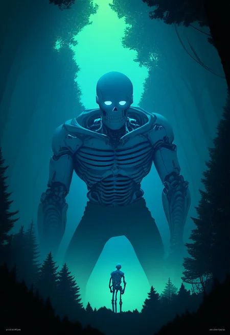 score_9, score_8_up, score_7_up, score_6_up, score_5_up, flat color, sinozick style, john kafka, (1man, blue skeleton), cool shirt, (forest, giant, CR33P1NGF0G, fog)