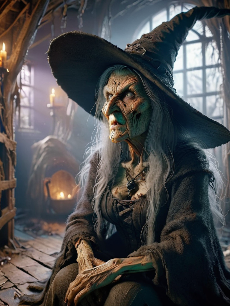 a witch sitting in her rotten magical house, lookingt at viewer, wide shot, ral-wtchz <lora:ral-wtchz:0.7>