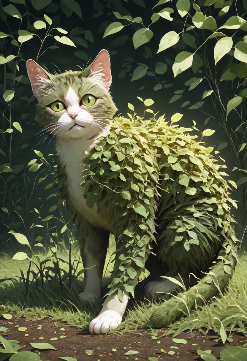 masterpiece, best quality, newest, absurdres, highres, FG-V2.0-Spirit, anima, animal focus, FG-V2.0, cat, no humans, monster, plant, grass, leaves,