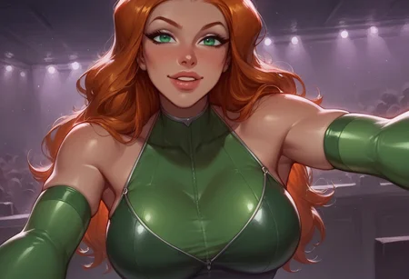 score_9, score_8_up, score_7_up, score_6_up, score_5_up, score_4_up, masterpiece, perfect face, perfect eyes, nightclub, lights, sexy girl, 1girl, sam \(totally spies\), orange hair, long hair, green eyes, solo, green platform stiletto high heels, ((green latex tight tube dress)), green latex thighhighs, green latex detached sleeves, skindentation, standing, bending over, sexy pose, sexy dancing, seductive, seductive look, (((half body shot:1.5))), (large breasts:1.3), thick thighs, front view, female focus, looking at viewer,