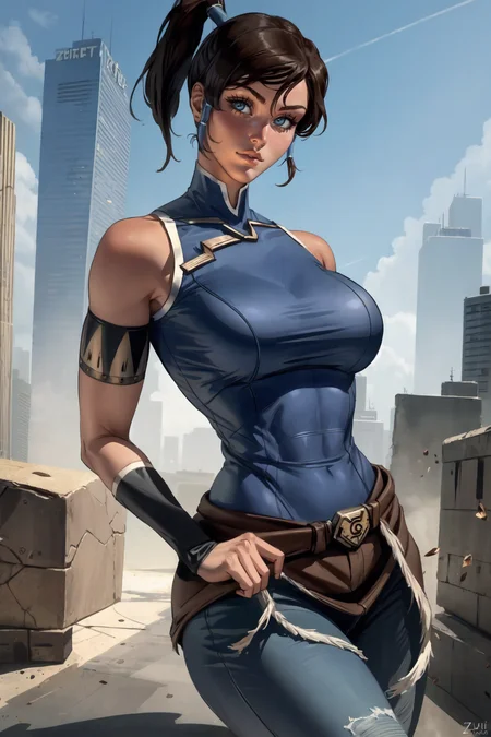 1girl, (solo:1.2), (cowboy shot:1.2), (looking at viewer:1.3)
<lora:Korra [justTNP - v1.0]:1> korra, dark skin, (dark-skinned female:1.2), pants, ponytail, hair tubes, sleeveless, bare shoulders, brown hair, blue eyes, toned, (muscular female), (large breasts:1.2), curvy
BREAK <lora:Zumi [MockAi - v1.0]:0.85> zumi, (realistic shading:1.2), soft shading, minimal lineart, semi-realistic proportions
BREAK intricate details, (masterpiece:1.3), (best quality:1.3), (perfect anatomy:1.4) BREAK, (metropolis:1.3), street, daylight, blue sky, western architecture