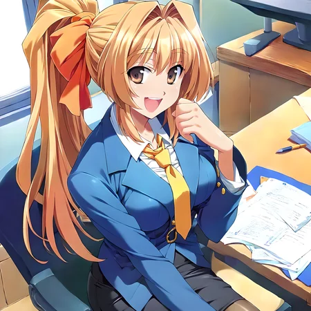 <lora:pony_xl_rumi:0.8>,rumi,score_9,score_8_up,score_7_up,source_anime,1girl,solo,orange hair ribbon,ponytail,blue suit,long_sleeves,white collared shirt,yellow tie,pencil skirt,pantyhose,cowboy_shot,looking_at_viewer,fun,gentle smile,laughing,office,office_chair,sitting_on_chair,