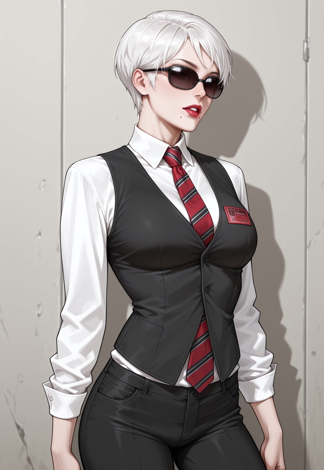 masterpiece, best quality, detailed, realistic, cowboy shot, parted lips, 1girl, Strangelove, short hair, white hair, sunglasses, lipstick, collared shirt, vest, pants, Red striped necktie, mole under mouth,