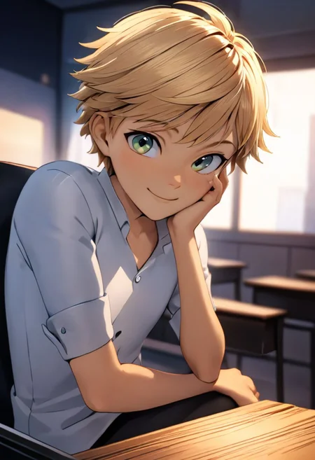 1boy, male focus, Adrien_Agreste, white button down shirt, solo, sitting, on chair, in classroom, head rest, hand on own face, smiling, looking at viewer, indoors, upper body, cinematic angle, (masterpiece), (best quality), (ultra-detailed), (finely detailed), beautiful lighting, very aesthetic, illustration, disheveled hair, perfect composition, moist skin, intricate details, unaestheticXL2v10