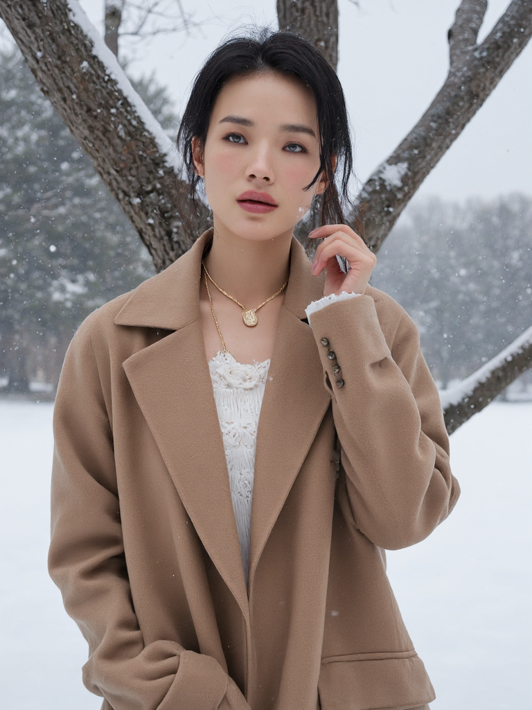 A woman in a structured wool coat stands under a solitary bare tree in a light snowfall, diffused overcast sky providing soft, even light, snowflakes captured midâair by a highâspeed strobe â the simplicity highlights her poised elegance. 
18yo beautiful cute asian girl with blushing and female orgasm.skin naturally showing the texture of blood vessels and detailed pale skin,looking at viewer,
--,
--,<lora:Hsu_Chi_majicf1_rank2_bf16:1>,she is Hsu Qi,a super model,
--,