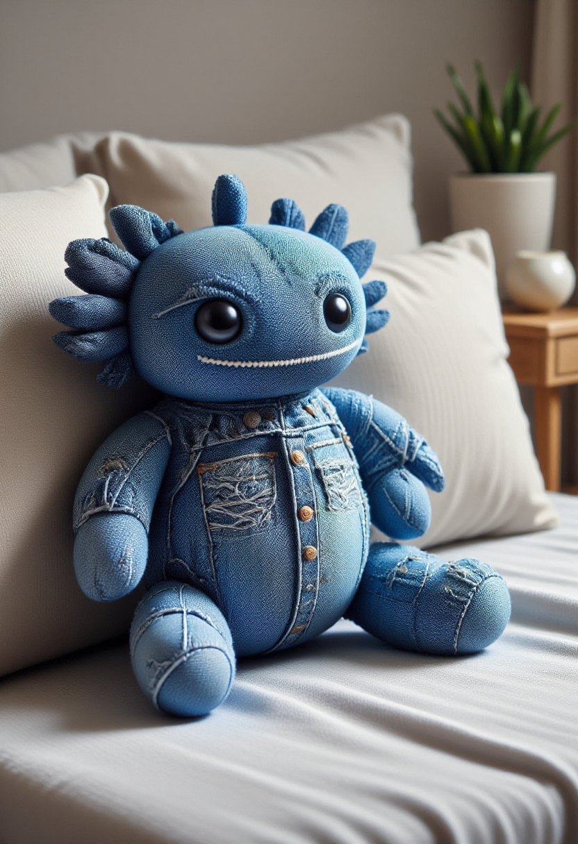 <lora:Denim_Dreamer_FLUX-000021:0.9>  <lora:axomodelv2:0.8>
The image is a photograph showcasing a plush toy axolotl designed to resemble a blue, denim-like fabric with a distressed, worn appearance on a bed.