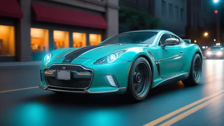 Hyperrealistic art A sci-fi future sportscar in chameleon paint that changes colors with the light, passing by at light speed. The camera is positioned from the front (camera from front:1.3), capturing the neon flash and motion trail of the car. (In the background, a futuristic cityscape is illuminated by neon lights, stars, and cosmic art:1.3), The scene is enhanced by motion blur, epic visual effects, interstellar flow, and detailed scifi elements, The dark, vibrant colors of the car and city contrast with the glowing stars and star blast, The cinematic scene includes lens flare, god rays, glowing neon elements, and sparks, The full moon night is stormy, with lightning adding dramatic lighting, The scene is ultra detailed with a shallow depth of field and a detailed background, rendered in dark noir style with HDR, RAW quality, ray tracing reflections, sharp focus, and ultra realism,
<lora:dreamcolor:0.3> <lora:style:0.3> <lora:EDG_-_Test_Lora:0.3> <lora:SDXLHighDetail_v5:1> <lora:LowRA:1> <lora:ste4mpunk:1> . Extremely high-resolution details, photographic, realism pushed to extreme, fine texture, incredibly lifelike