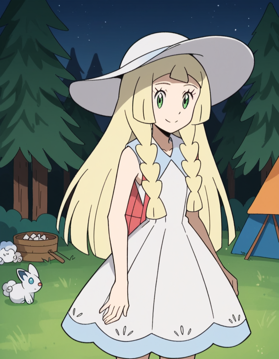 score_9, score_8_up, score_7_up, source_anime, <lora:pokemon-lilie-anime-ponyxl-lora-nochekaiser:1>, lillie \(pokemon\), blonde hair, blunt bangs, green eyes, long hair,, braid, collared dress, dress, hat, sleeveless, sleeveless dress, sun hat, sundress, twin braids, white dress, white headwear,, camping, bonfire, tent, stargazing, marshmallows, forest clearing, night, smile, looking at viewer, solo,, cowboy shot, dutch angle