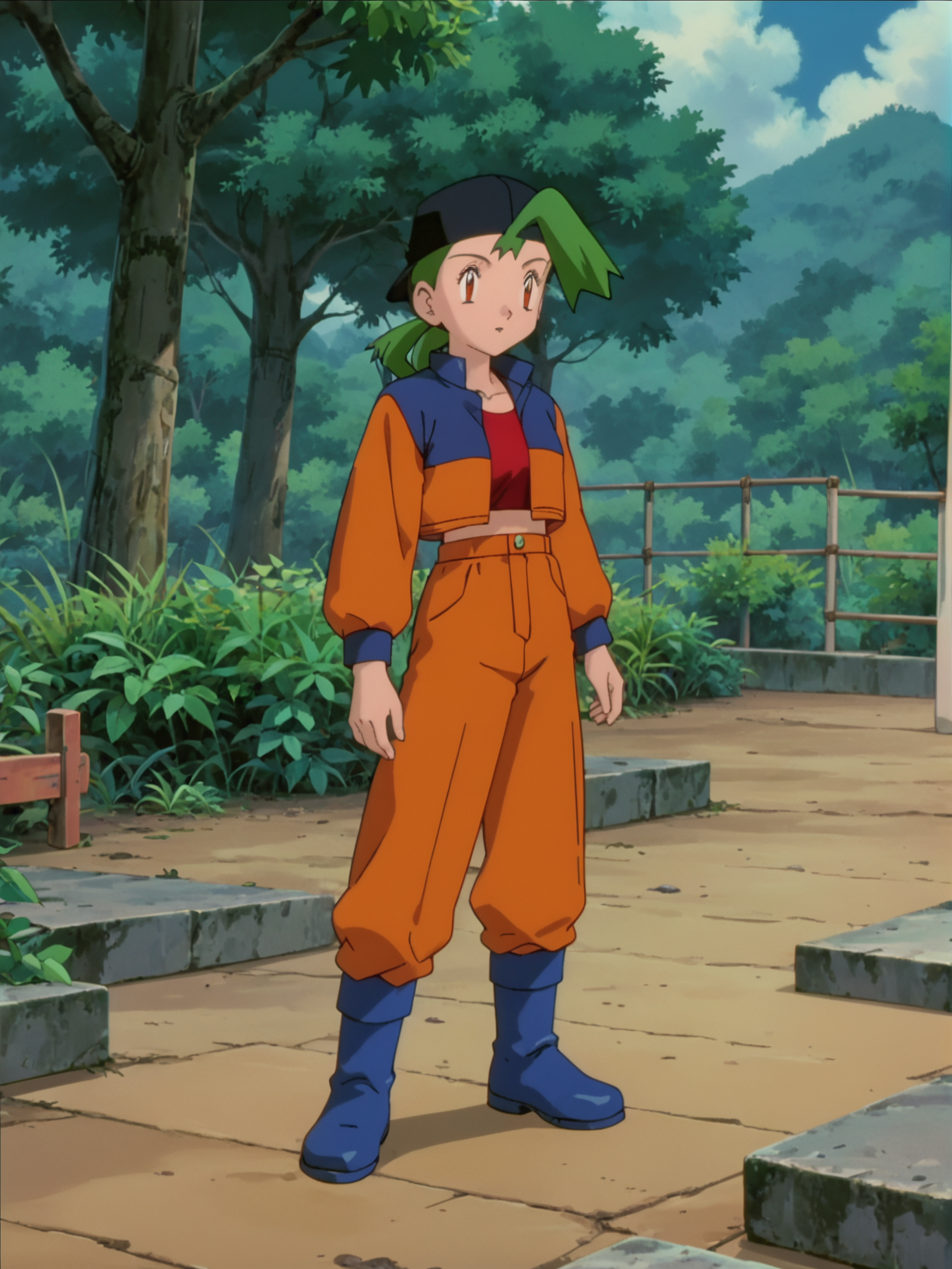score_9, score_8_up, score_7_up, 1girl, solo, source_anime, anime_screencap, pkmMaren, green hair, orange pants, blue boots, <lora:pkmMaren:1>