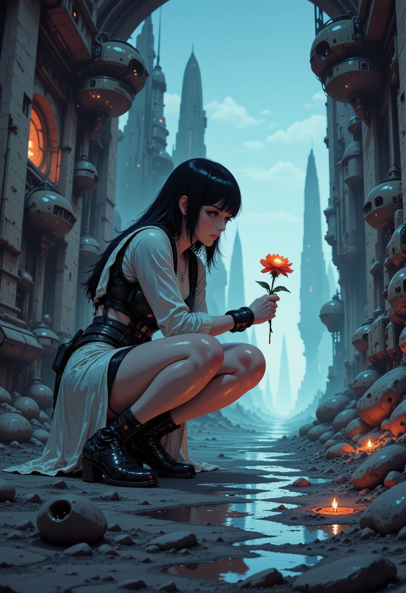 insanely detailed, masterpiece, best quality, 8k, ultra high res, High contrast and low saturation, Create an anime-style illustration of a android girl in a rain-soaked ruin, kneeling with one knee, delicately holding a single flower (pinched between its fingers), and gazing at it with a forlorn expression. The girl, with endearing features and a less sleek appearance, exudes a sense of melancholy. Capture the atmosphere of desolation intensified by the rain, while the lone flower symbolizes hope or reflection, adding a touch of warmth and approachability to the character. by BoochaN, in the style of ck-ncr,, in the style of ckcc