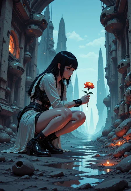 insanely detailed, masterpiece, best quality, 8k, ultra high res, High contrast and low saturation, Create an anime-style illustration of a android girl in a rain-soaked ruin, kneeling with one knee, delicately holding a single flower (pinched between its fingers), and gazing at it with a forlorn expression. The girl, with endearing features and a less sleek appearance, exudes a sense of melancholy. Capture the atmosphere of desolation intensified by the rain, while the lone flower symbolizes hope or reflection, adding a touch of warmth and approachability to the character. by BoochaN, in the style of ck-ncr,, in the style of ckcc