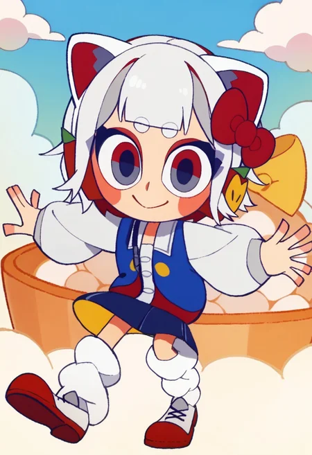 score_9, score_8_up, score_7_up BREAK HKGrl, 1girl, white hair, white bob cut, red gray eyes, pink cheeks, red hair bow, apple hairclips, white red cat ears, open white blue red yellow-button jacket, white buttoned undershirt, pleated dark blue skirt, long loose socks, red white shoes, full body, closed smile, winking at viewer,