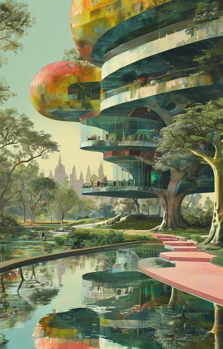 masterpiece,best quality,<lora:tbh311-sdxl:0.9>,illustration,designed by Rem Koolhaas Whimsical treehouse complex in a lush forest, channeling the spirit of Antoni Gaudí