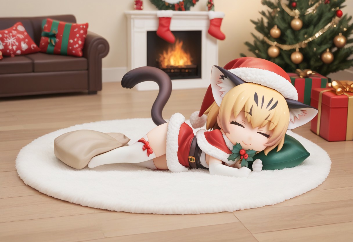 1girl, ((solo)), best quality, ultra-detailed, extremely detailed, perfect anatomy, masterpiece, score_9, score_8_up, score_7_up, Expressiveh, sand cat \(kemono friends\), 1girl, cat girl, cat ears, blonde hair, short hair, cat tail, christmas tree, christmas decoration, christmas ornaments, underneath Christmas tree background, indoors, santa cosplay, santa outfit, santa hat, santa's sack, Christmas outfit, giant sack of presents, fully clothed, Christmas themed thighhighs, thighhighs, elbow gloves, bowtie, santa's sack of presents, red ribbon collar, Christmas presents, Christmas themed, living room, fireplace, (chibi), cute, adorable, closed eyes, sleeping, smiling, laying on side, side view, tail_accessory, mistletoe_on_tail, mistletoe, closeup,