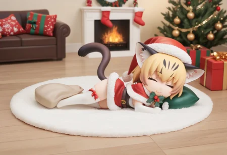 1girl, ((solo)), best quality, ultra-detailed, extremely detailed, perfect anatomy, masterpiece, score_9, score_8_up, score_7_up, Expressiveh, sand cat \(kemono friends\), 1girl, cat girl, cat ears, blonde hair, short hair, cat tail, christmas tree, christmas decoration, christmas ornaments, underneath Christmas tree background, indoors, santa cosplay, santa outfit, santa hat, santa's sack, Christmas outfit, giant sack of presents, fully clothed, Christmas themed thighhighs, thighhighs, elbow gloves, bowtie, santa's sack of presents, red ribbon collar, Christmas presents, Christmas themed, living room, fireplace, (chibi), cute, adorable, closed eyes, sleeping, smiling, laying on side, side view, tail_accessory, mistletoe_on_tail, mistletoe, closeup,