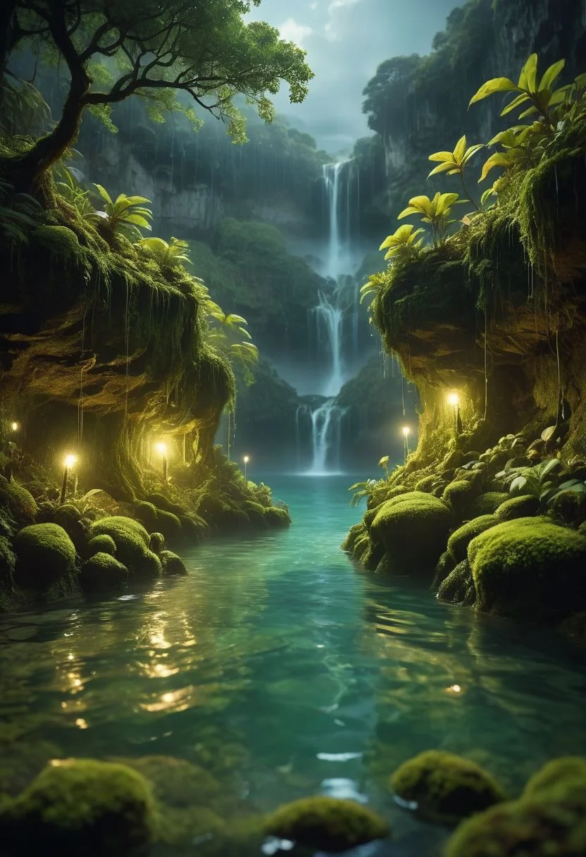 rainy season, mythical place , shrouded by mist and shadow, a cliff , sea , stormy sky, ethereal light , lightning illuminates , cinematic lighting, volumetric lighting, Film grain, cinematic film still, shallow depth of field, highly detailed , shimmering pool of liquid , nightlight filters through the dense foliage above , Moss and lichen cling to every surface