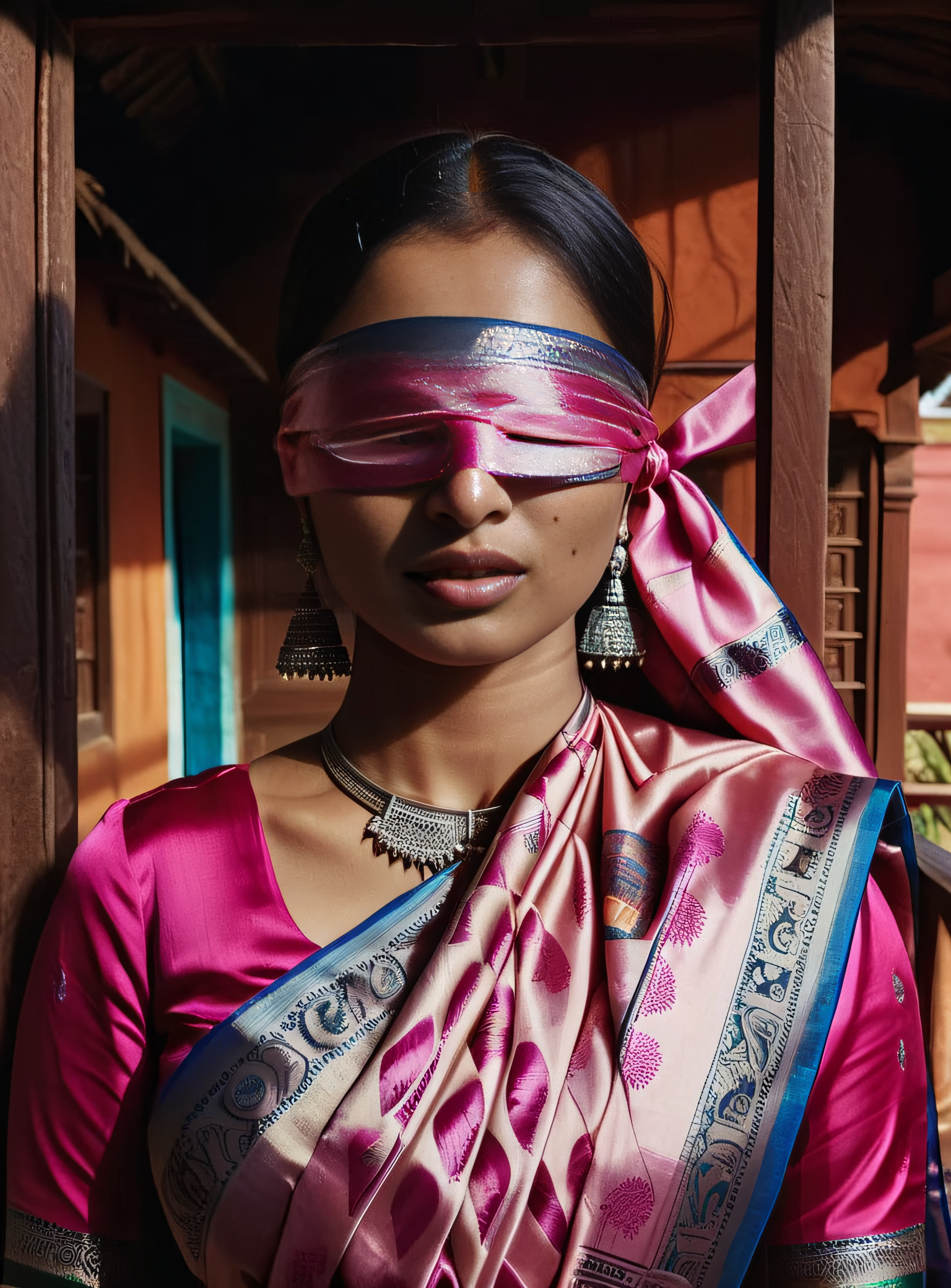 cinematic photograph of a plump desimocha woman wearing saree,Pink  satin_scarf_blindfold with ethnic print, dark, cinematic, film, filmic,casting shadow, different shadow, window casting shadow light, cinematography, detailed, detailed background of stilt house , detailed face, high quality, 8k, <lora:satin_scarf_blindfold:1> <lora:Desi_Coffee_V30_SDXL_LoRA:0.5>