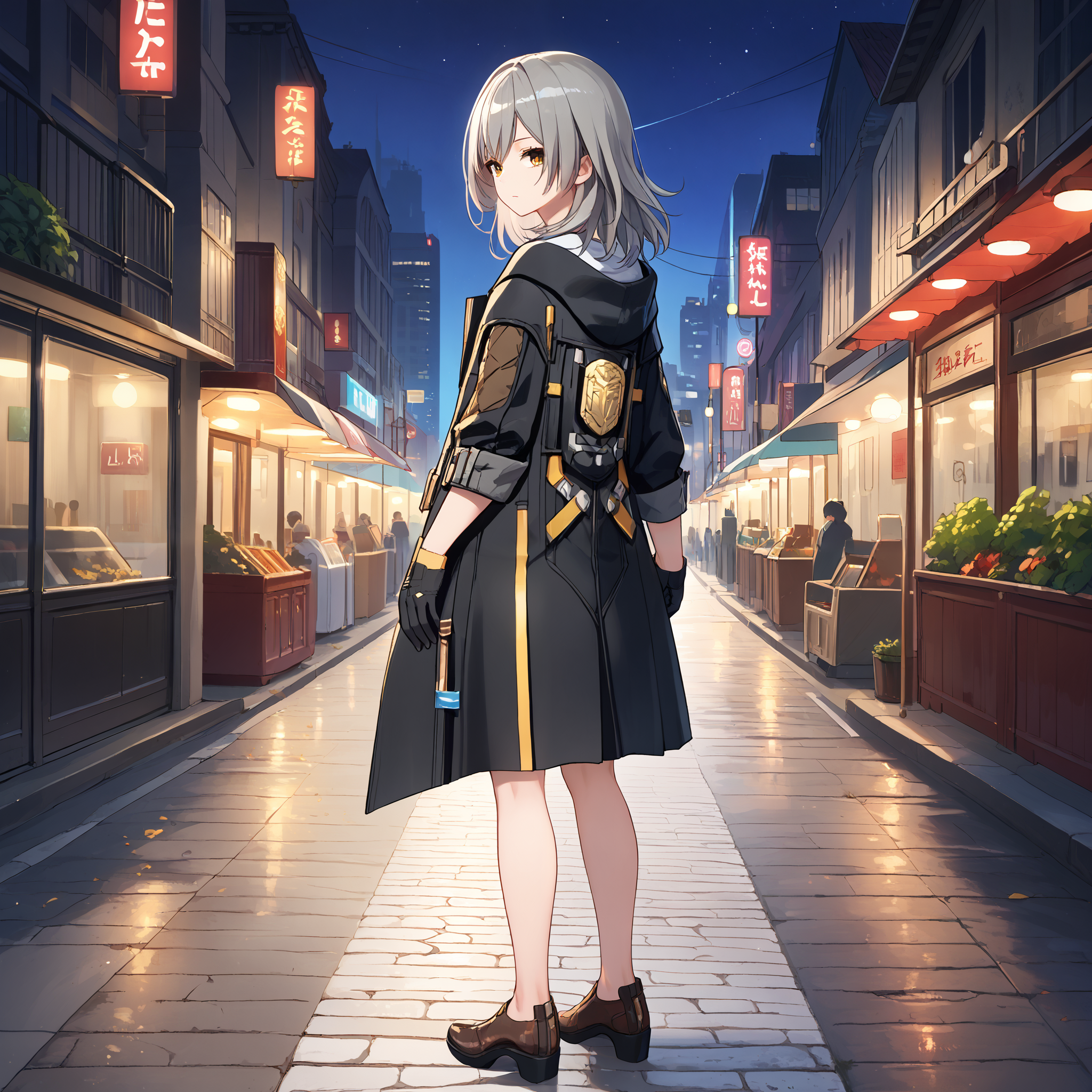 score_9, score_8_up, score_7_up, score_6_up, score_5_up, score_4_up, BREAK source_anime, look at viewer, rating_safe, 1girl, solo, outdoors, night, city, full body, standing, from behind, look back, masterpiece, best quality, high detailed skin,  stelle \(honkai: star rail\), stelle def, medium hair, grey hair, yellow eyes, black jacket, open jacket, jacket, white shirt, black gloves, miniskirt, black skirt, coat,