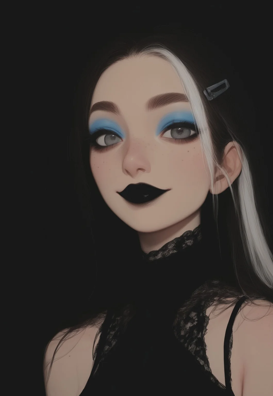(Blend_in, black background), score_9, score_8_up, score_7_up, masterpiece, best quality, absurdres, vibrant, highly detailed, very aesthetic, sidelightning, (portrait, close-up, focus on face), 1girl, Ally, beautiful, flawless, perfect face, grey eyes, (goth girl, black lace outfit, black low cut silk blouse, lace-trimmed clothes), bare shoulders, goth outfit, hair clips, black hair with white highlights, freckles, blue eyeshadow, black lipstick, smile, looking at viewer
