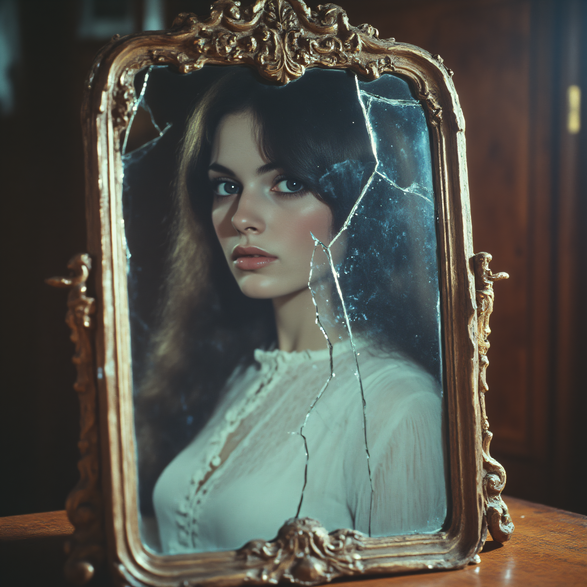 ArsMovieStill, movie still from a 1970s horror movie, The image is a close-up of a mirror with a broken glass frame. The mirror is placed on a wooden table and the reflection of a young woman is visible in the glass. The woman has long dark hair and is wearing a white blouse. She is looking directly at the camera with a serious expression on her face. The glass is cracked and appears to be broken into multiple pieces. The frame is ornate and has a gold finish. The background is blurred but it seems to be a room with a wooden wall and a window., 1girl, solo, reflection, long hair, mirror, glass, realistic, looking at viewer, sweater, broken glass